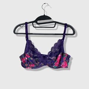 JCPenney Fantasia Bra Women 36C Purple Floral Lace Underwire Vintage Lingerie